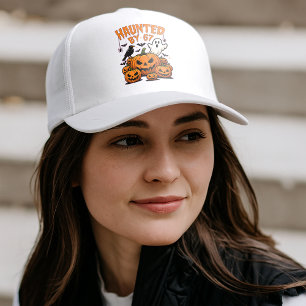 Haunted by 67 Funny Ghost And Pumpkin Halloween Trucker Hat
