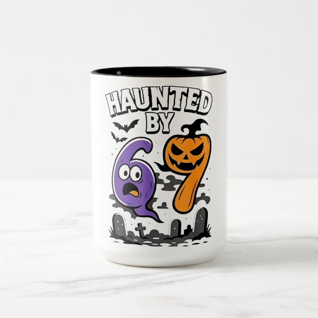 Haunted by 67 – Scary Ghost and Pumpkin Halloween  Two-Tone Coffee Mug (Center)