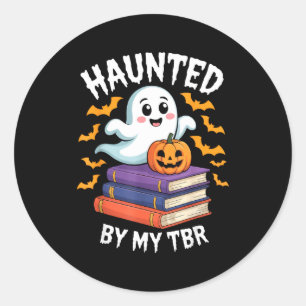 Haunted by tbr cute ghost reading books pumpkin classic round sticker