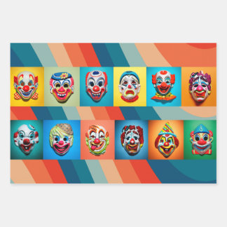 Haunted Carnival: Vintage Halloween Clown Masks Wrapping Paper Sheet