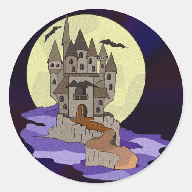 Haunted Castle, Bats and Full Moon Cartoon Classic Round Sticker (Front)