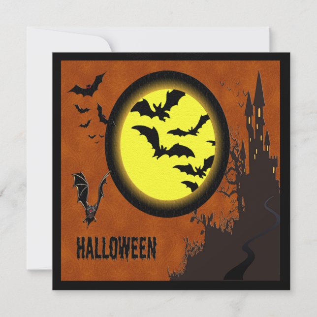 Haunted Castle, Bats and Yellow Moon Invitation (Front)