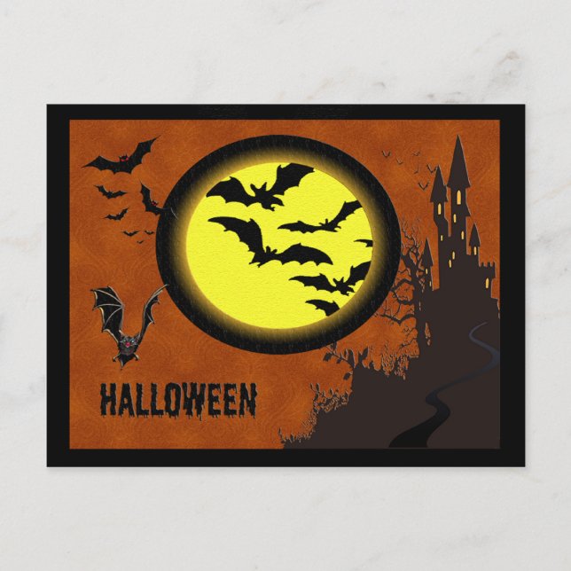 Haunted Castle, Bats and Yellow Moon Postcard (Front)