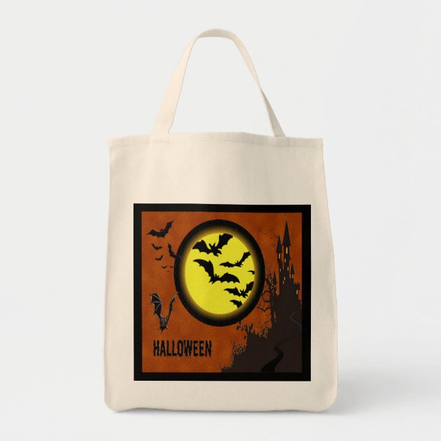 Haunted Castle, Bats and Yellow Moon Tote Bag (Front)