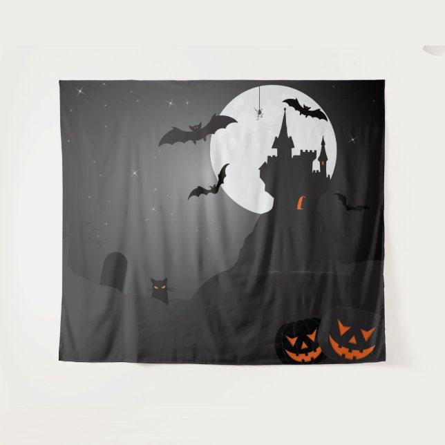 Haunted Castle Full Moon Halloween Photo Backdrop Tapestry (Front (Horizontal))