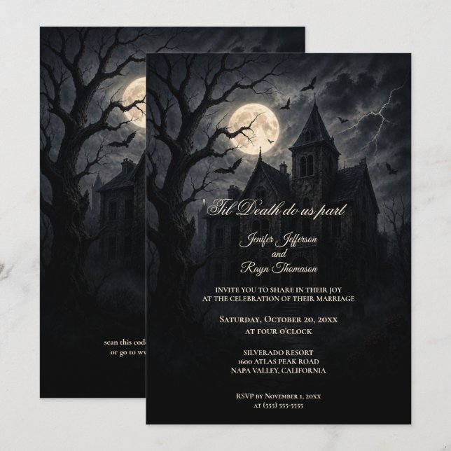 Haunted Castle Gothic Halloween wedding invitation (Front/Back)