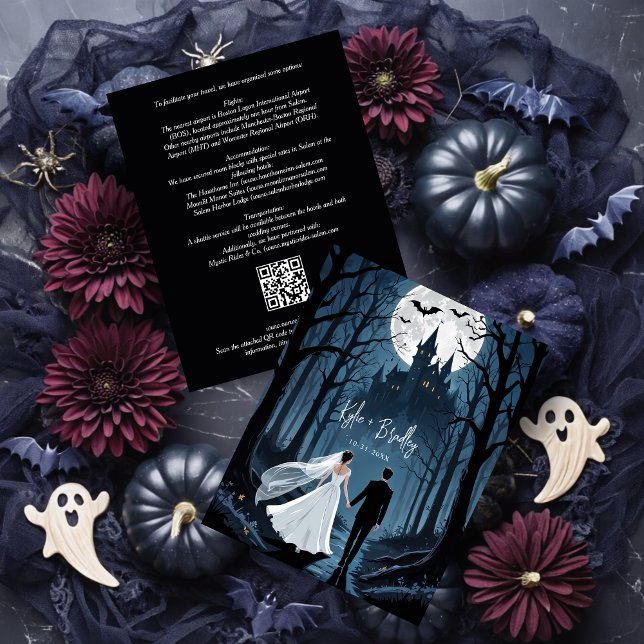 Haunted Castle Halloween Wedding Couple Enclosure Card (Wedding Couple in Spooky Forest Toward Haunted Castle Enclosure Cards with QR Code.)