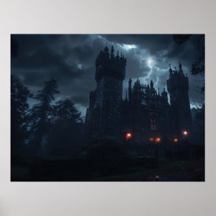 Haunted castle in the night storm poster