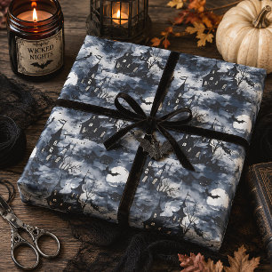 Haunted Castle Moon & Bats Gothic Halloween Wrapping Paper