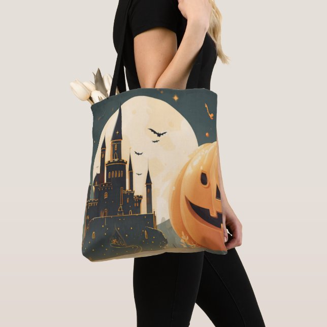 Haunted Castle Pumpkin Tote Bag (Close Up)