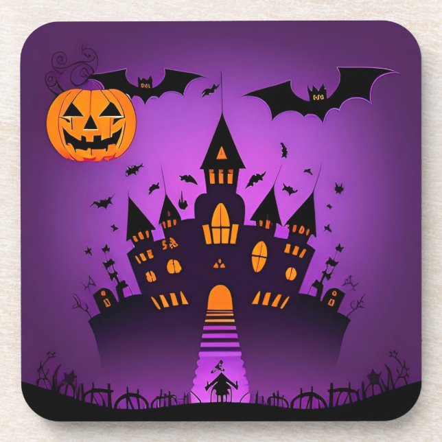 Haunted Castle With Pumpkins Bats Coaster (Front)