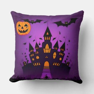 Haunted Castle With Pumpkins Bats Cushion
