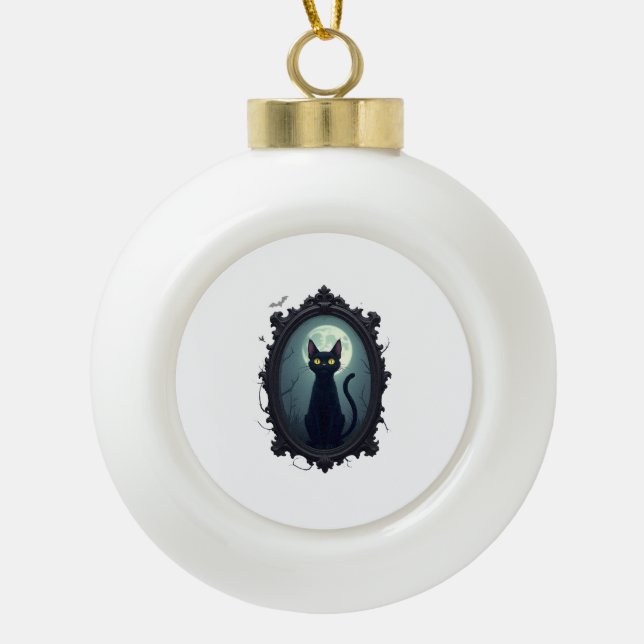 Haunted Cat Mirror Ceramic Ball Christmas Ornament (Front)