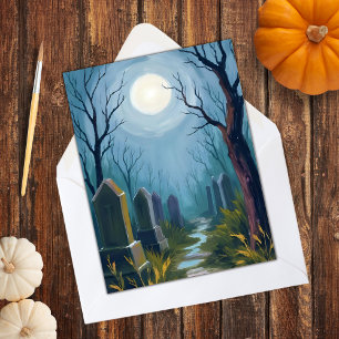 Haunted Cemetery Halloween Spooky Painting Holiday Card