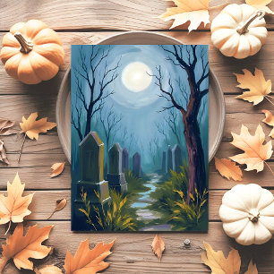 Haunted Cemetery Halloween Spooky Painting Holiday Postcard