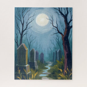 Haunted Cemetery Halloween Spooky Painting Jigsaw Puzzle