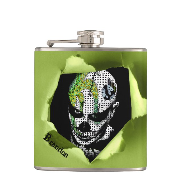 Haunted Clown Shown through Ripped Hole Hip Flask (Front)