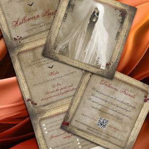 Haunted Creepy Ghost QR Code Halloween Tri-Fold Invitation