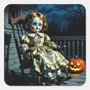 Haunted Doll and Halloween Pumpkin Square Sticker