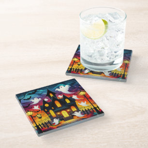 Haunted Fantomatic House - Halloween Scene Glass Coaster