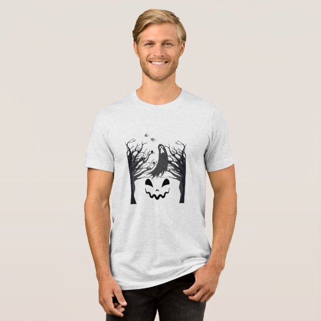 Haunted Forest Ghost Silhouette T-Shirt | Dark Min Tri-Blend Shirt (Front Full)