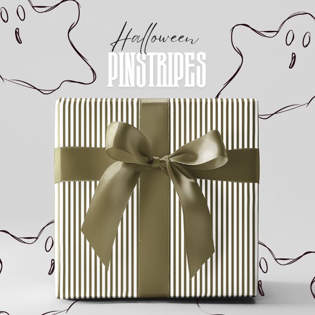 Haunted Forest Green and White Pinstripe Halloween Wrapping Paper (Elegant Halloween Pinstripes Wrapping Paper in Haunted Forest Green for Fall Birthday & Autumn Party)