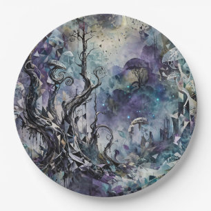 Haunted Forest Mystical Surreal Trees Mushrooms Paper Plate