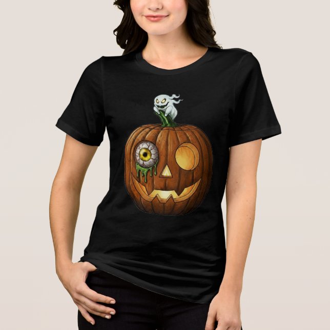 Haunted Ghost & Dripping Eyeball Jack-O-Lantern Tri-Blend Shirt (Front)