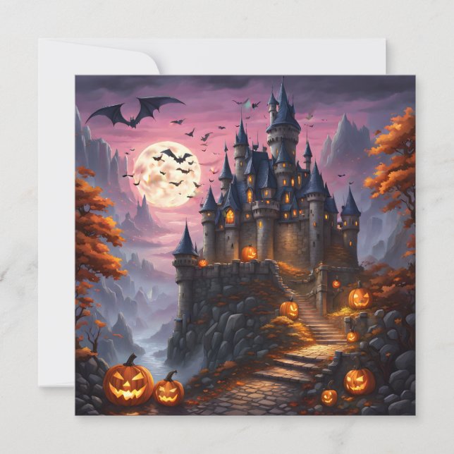 Haunted Halloween Castle and Pumpkins Holiday Card (Front)