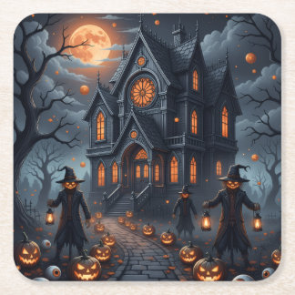 Haunted Halloween castle Square Paper Coaster