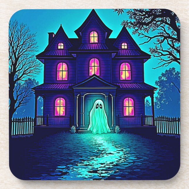 Haunted Halloween Ghost House Design Coaster (Front)