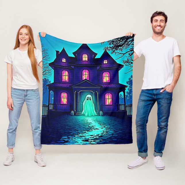 Haunted Halloween Ghost House Design Fleece Blanket (In Situ)