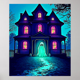 Haunted Halloween Ghost House Design Poster