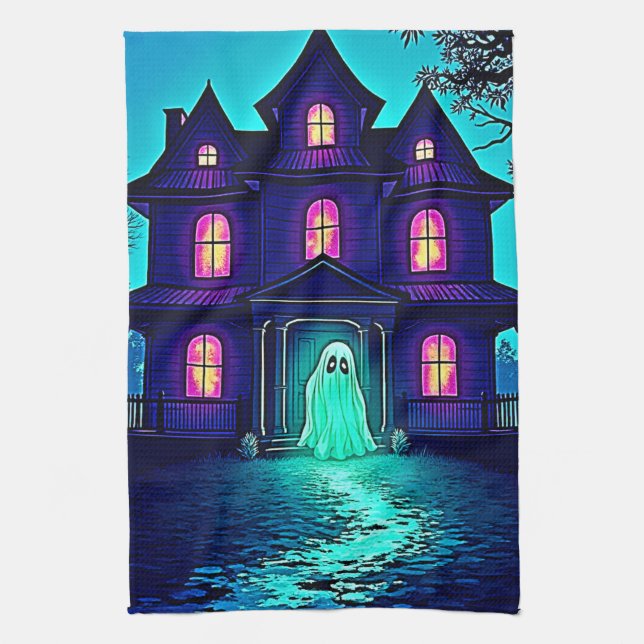 Haunted Halloween Ghost House Design Tea Towel (Vertical)