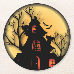 Haunted Halloween House Round Paper Coaster