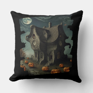 Haunted Halloween House with Pumpkins & Full Moon Cushion