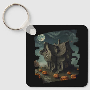 Haunted Halloween House with Pumpkins & Full Moon Key Ring