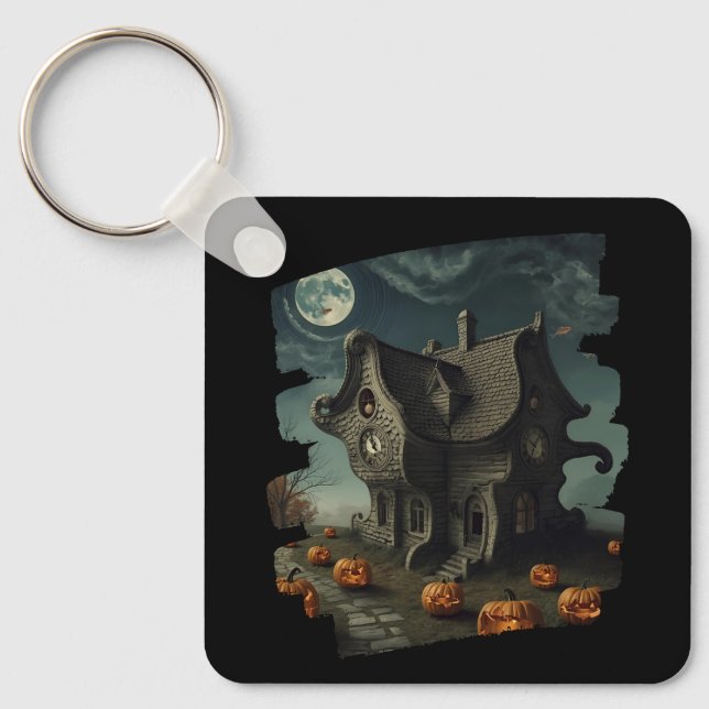 Haunted Halloween House with Pumpkins & Full Moon Key Ring (Front)