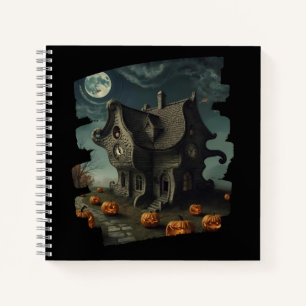 Haunted Halloween House with Pumpkins & Full Moon Notebook