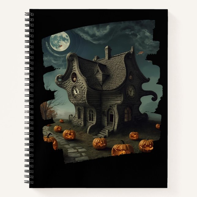 Haunted Halloween House with Pumpkins & Full Moon Notebook (Front)