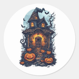 Haunted Halloween House with Pumpkins – Spooky Classic Round Sticker