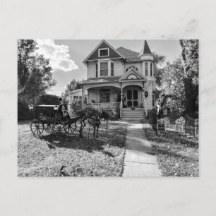 Haunted Halloween House With Skeletons Black White Postcard