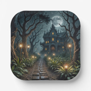 Haunted Halloween Mansion In Moonlight Paper Plate