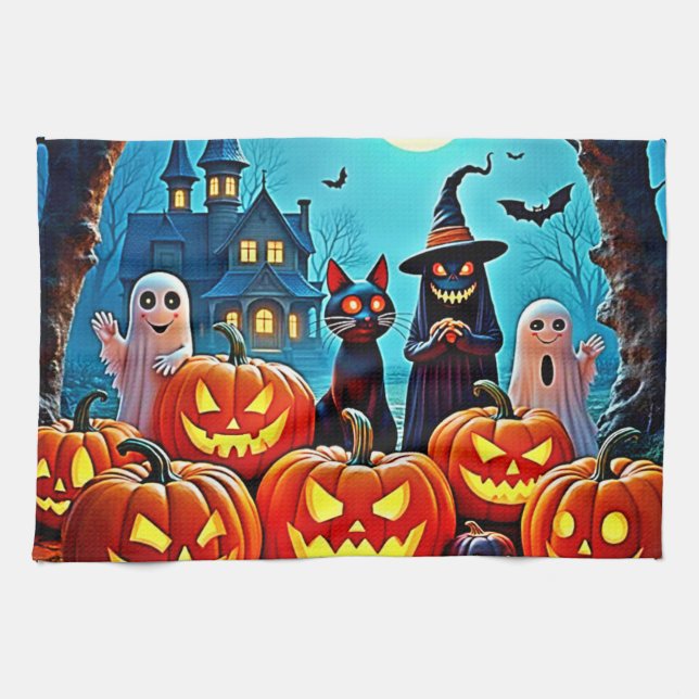 Haunted Halloween Night Design Tea Towel (Horizontal)