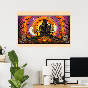 Haunted Halloween Night Spooky House Bats Ghosts Poster