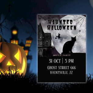 Haunted Halloween Office Party Black Cat Invitation