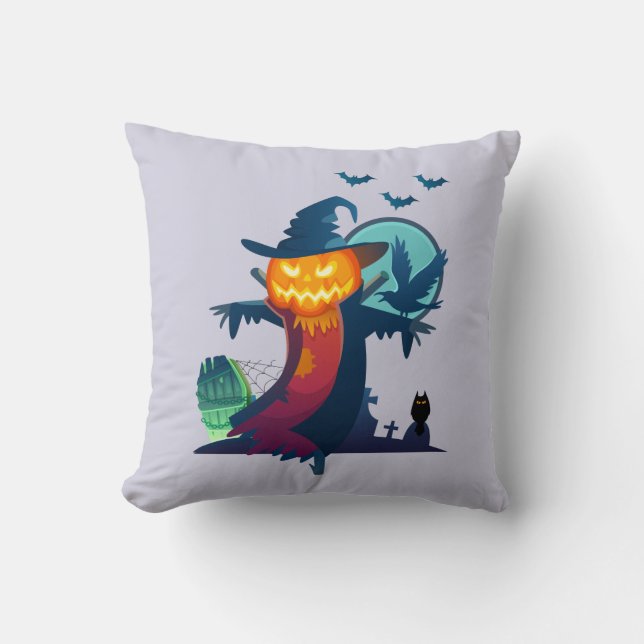 Haunted Halloween Pumpkin Head Scarecrow Spooky Cushion (Front)