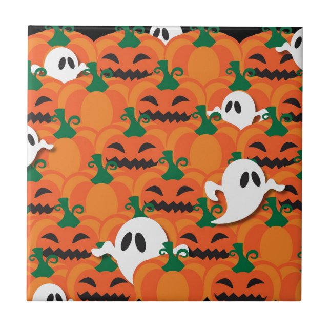 Haunted Halloween Pumpkin Patch Ghosts Ceramic Tile (Front)
