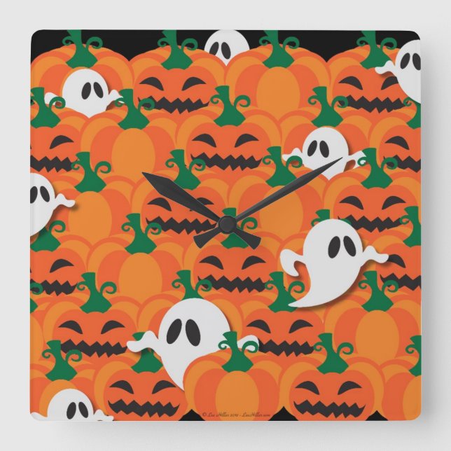 Haunted Halloween Pumpkin Patch Ghosts Square Wall Clock (Front)