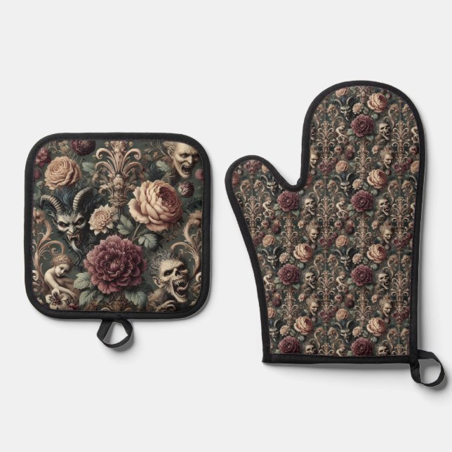Haunted Harmonics – Gothic Victorian Oven Mitt & Pot Holder Set (Front)